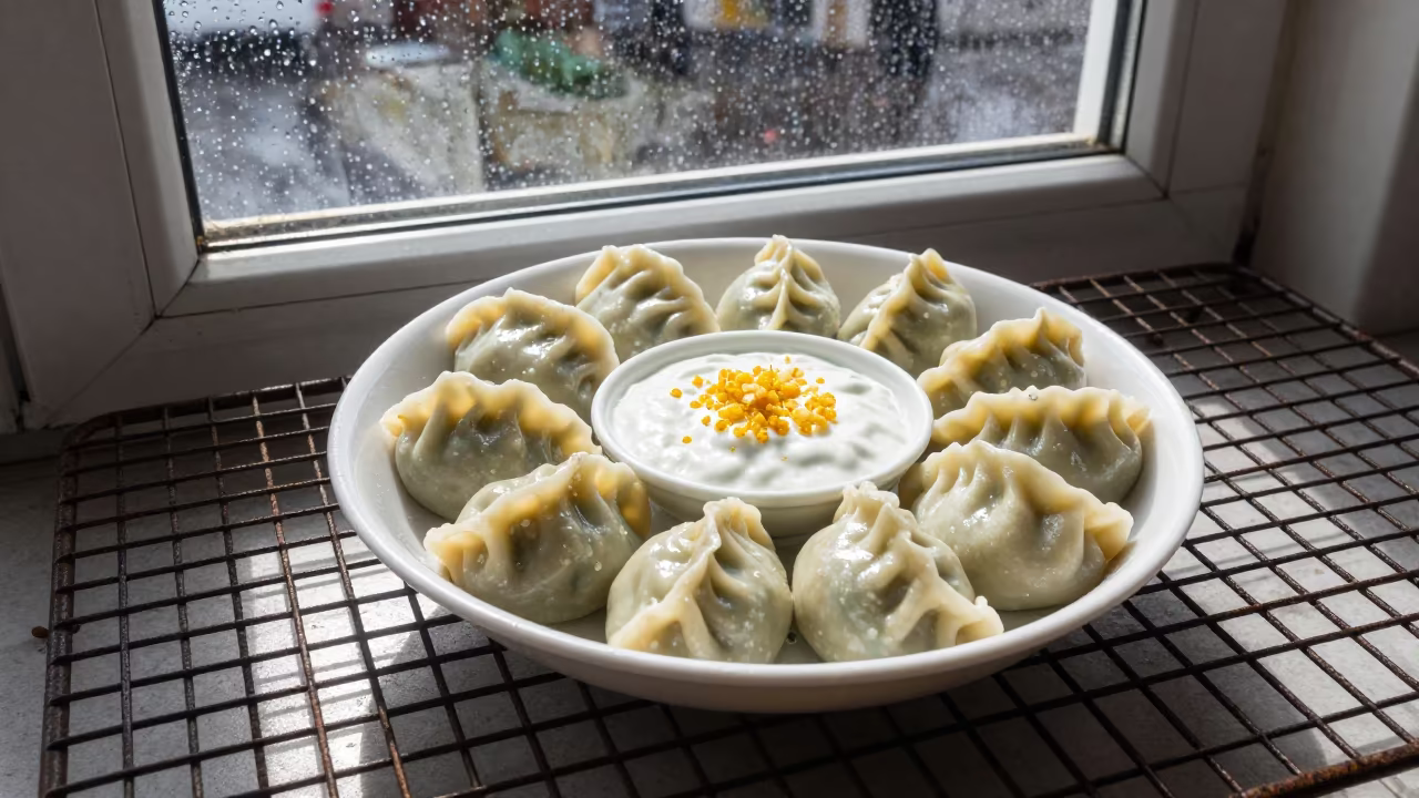 Turkish Manti Dumplings on Bakery Rack in on a bakery cooling rack in Keren
