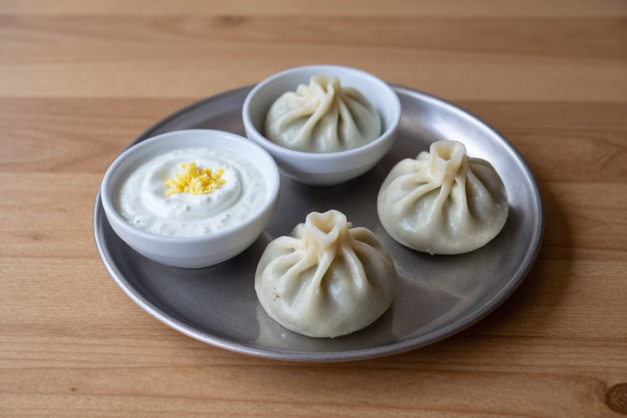 Turkish Manti Dumplings Garlic Yogurt Oral Tea House in on a tea house tray in Oral