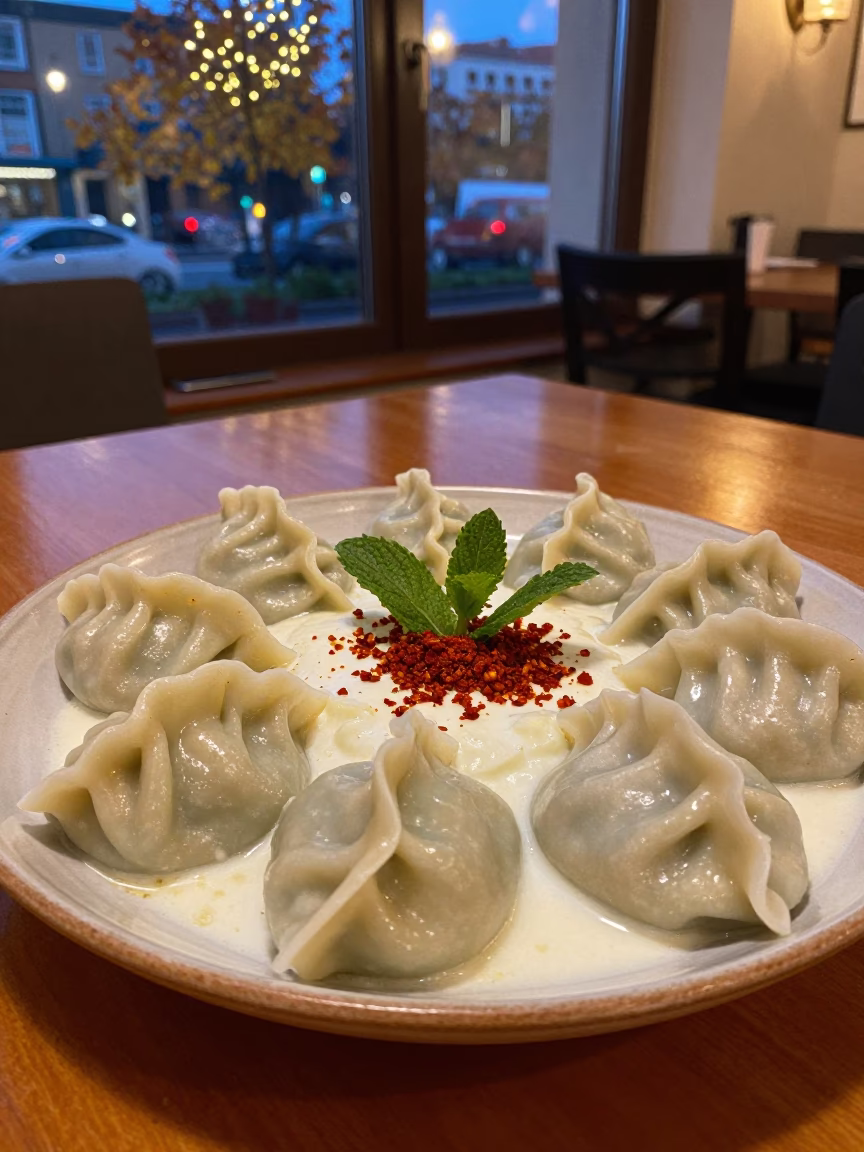 Turkish Manti Dumplings with Garlic Yogurt in on a ceramic plate by a window in Key West