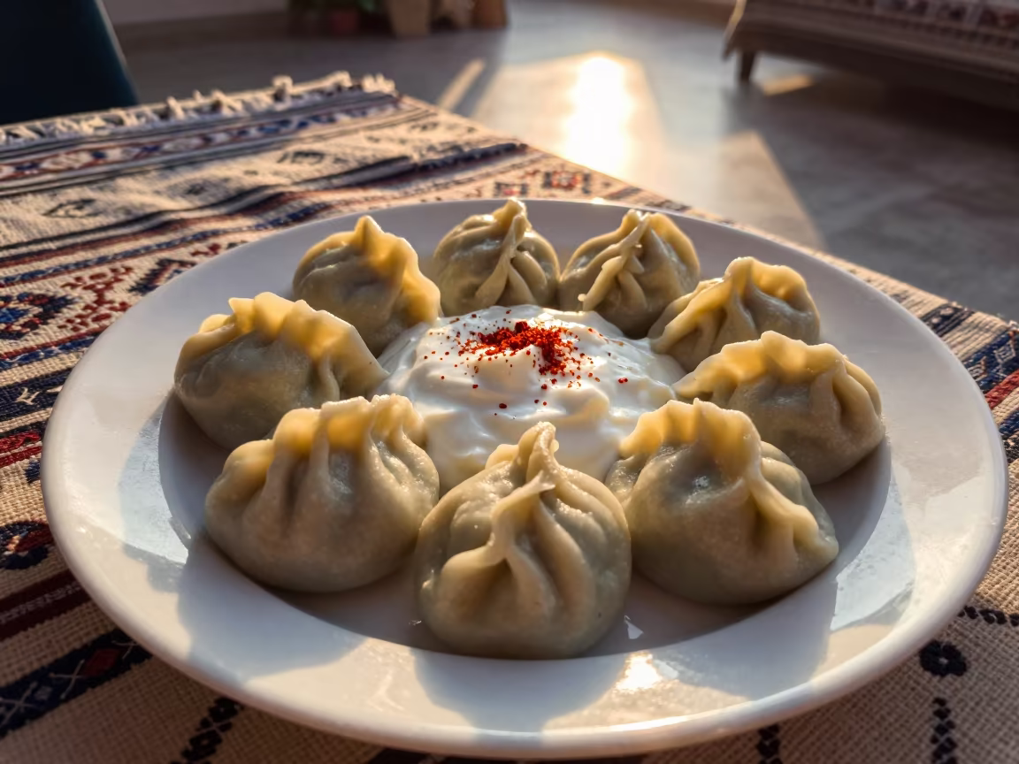 Turkish Manti Dumplings on Picnic Blanket at Sunset in on a picnic blanket in Nice