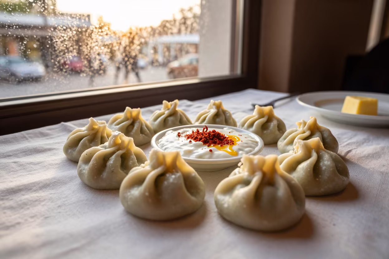 Turkish Manti Dumplings with Yogurt in Leiden in on a linen-covered restaurant table in Leiden