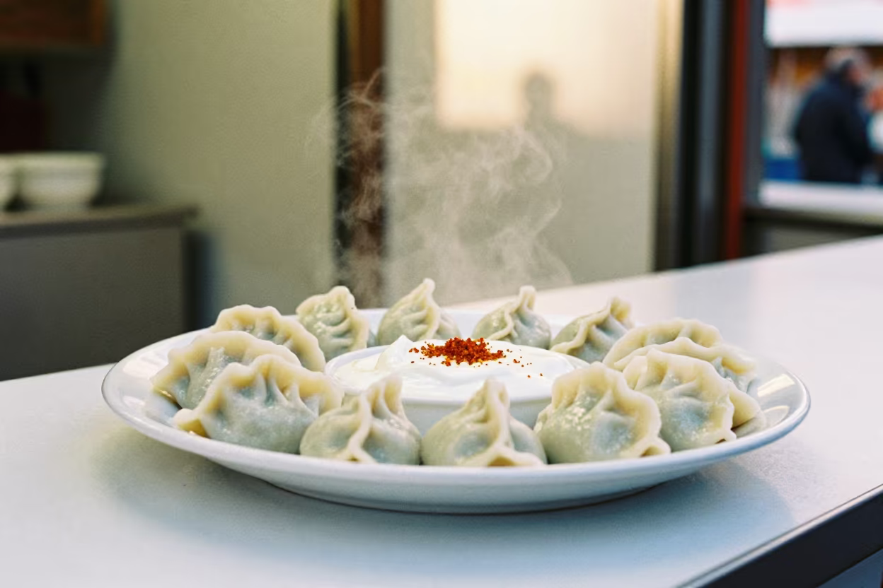 Turkish Manti Dumplings with Yogurt in Palma Market in at a market stall counter in Palma