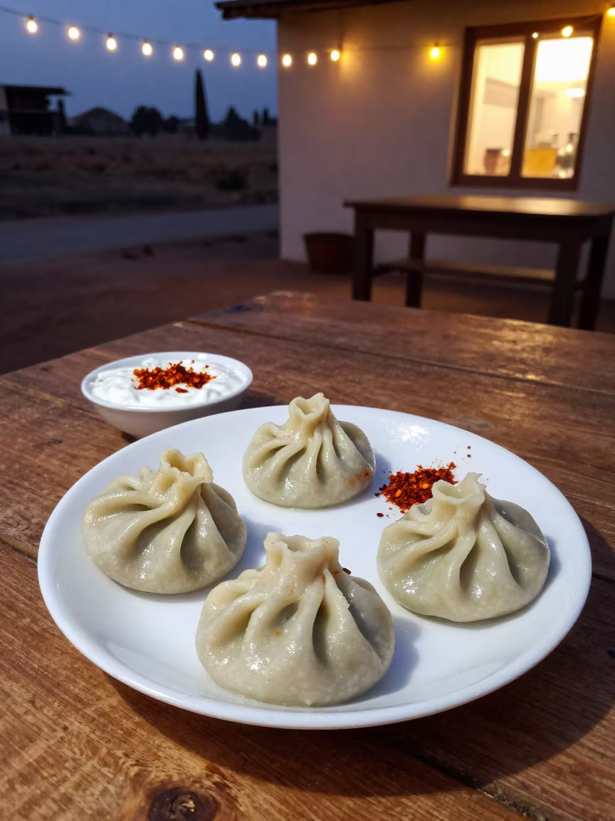 Turkish Manti Dumplings with Yogurt on Rustic Table in on a rustic wooden table in Lome