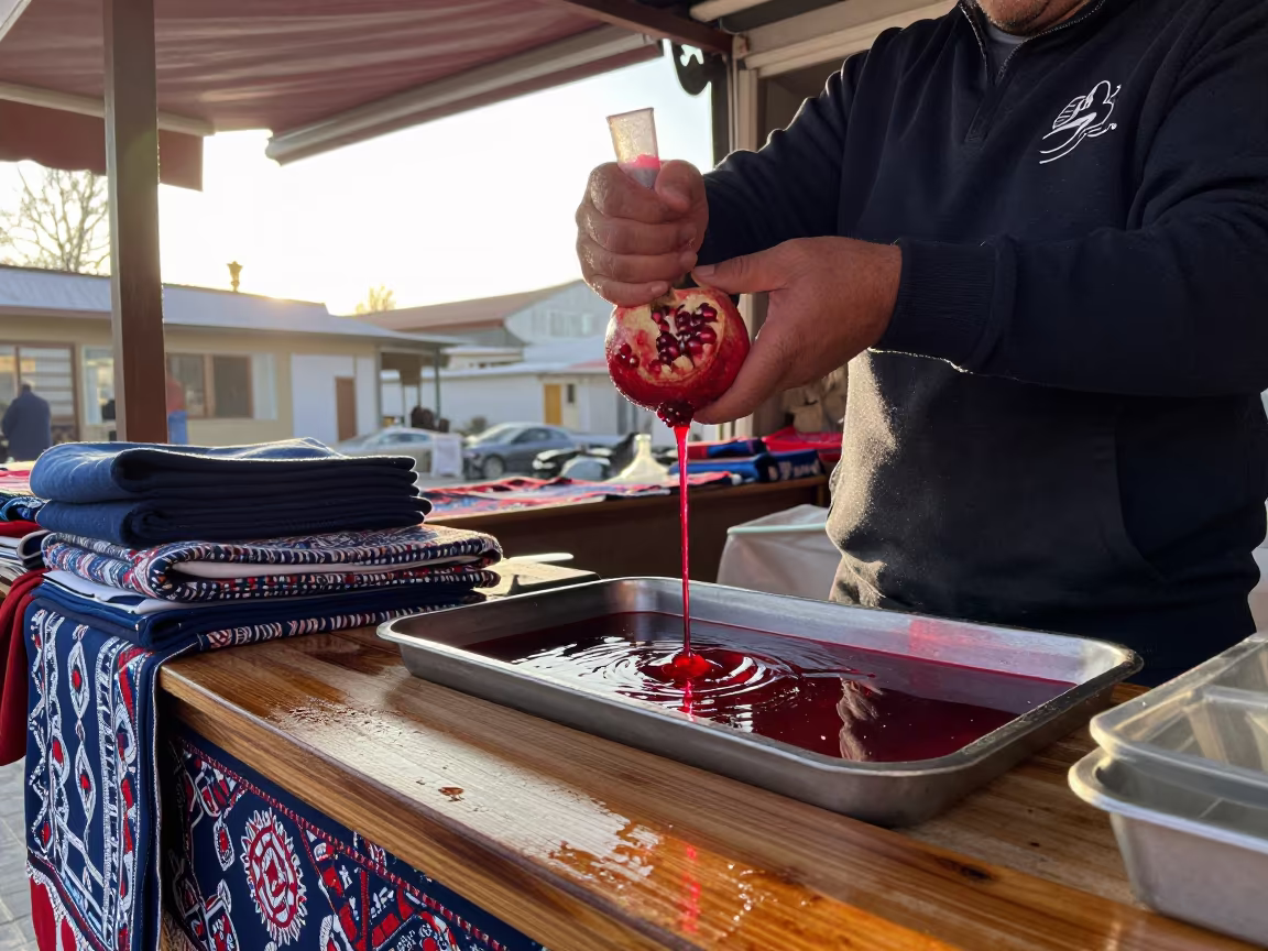 Turkish Market Vendor Squeezing Pomegranate Juice in at a textile trader's stall in Kut