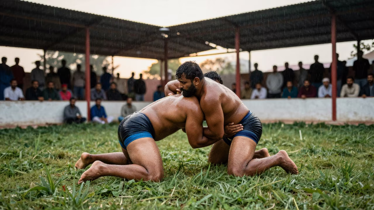 Turkish Oil Wrestlers in Chennai Hall in in a ceremonial hall in Chennai