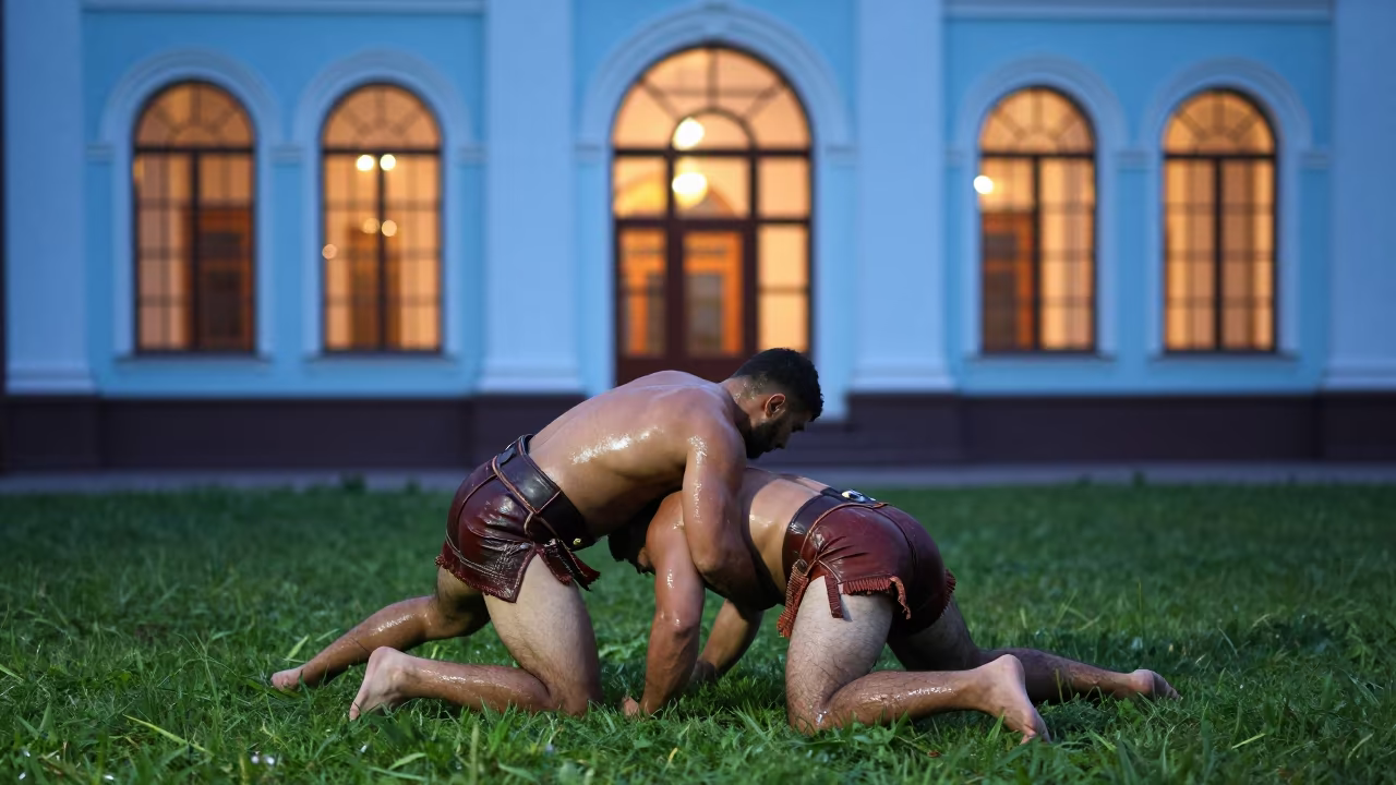 Turkish Oil Wrestlers in Kyiv Prayer Hall Twilight in in a prayer hall in Kyiv