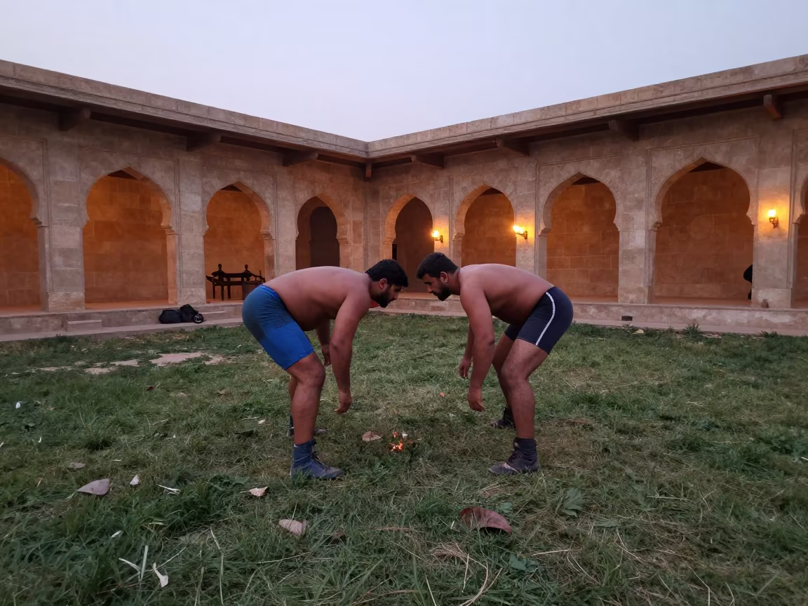 Turkish Oil Wrestling in Bikaner Hall Before Dawn in in a ceremonial hall in Bikaner