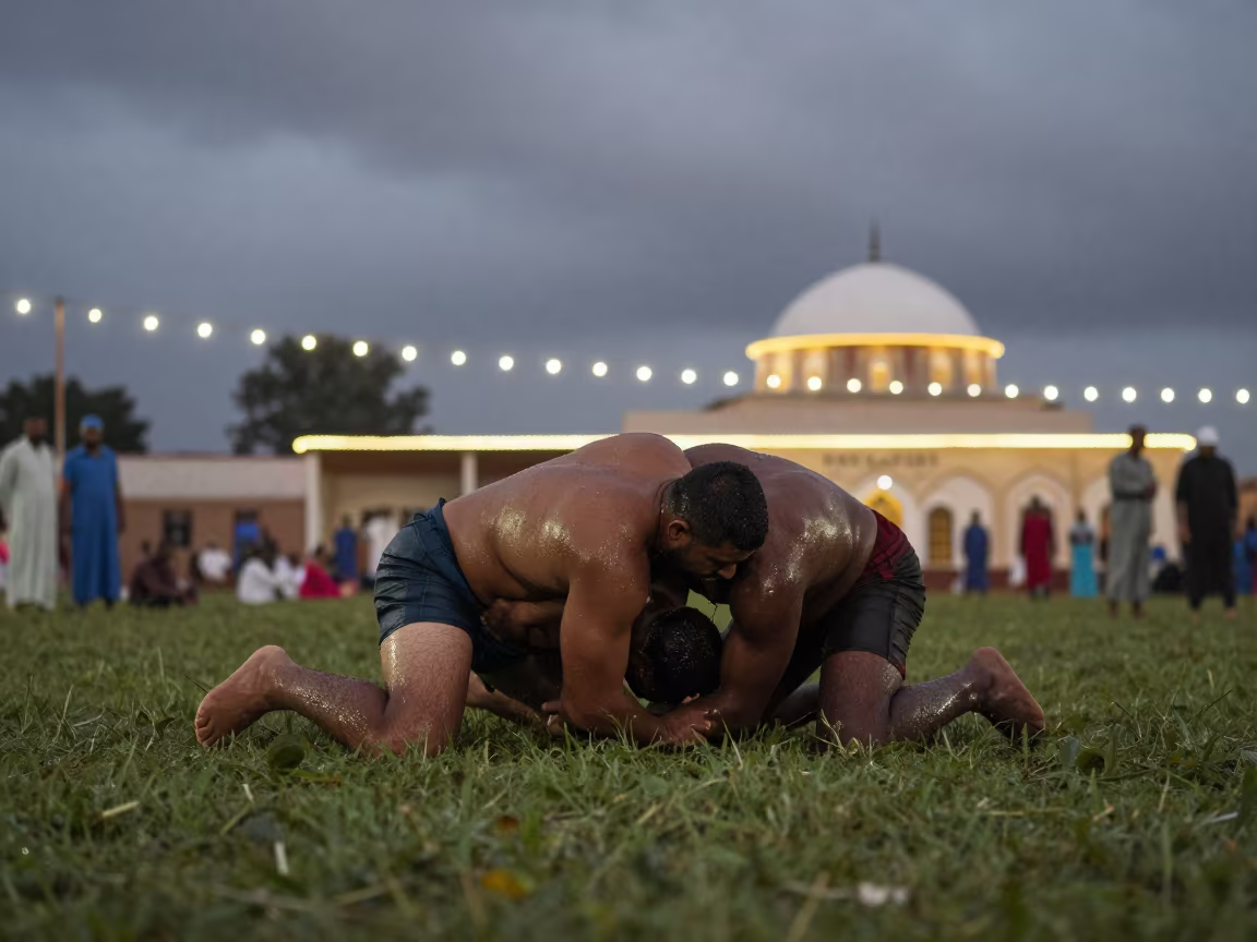 Turkish Oil Wrestling Match in Senegal Night in in a prayer hall in Yeumbeul Nord