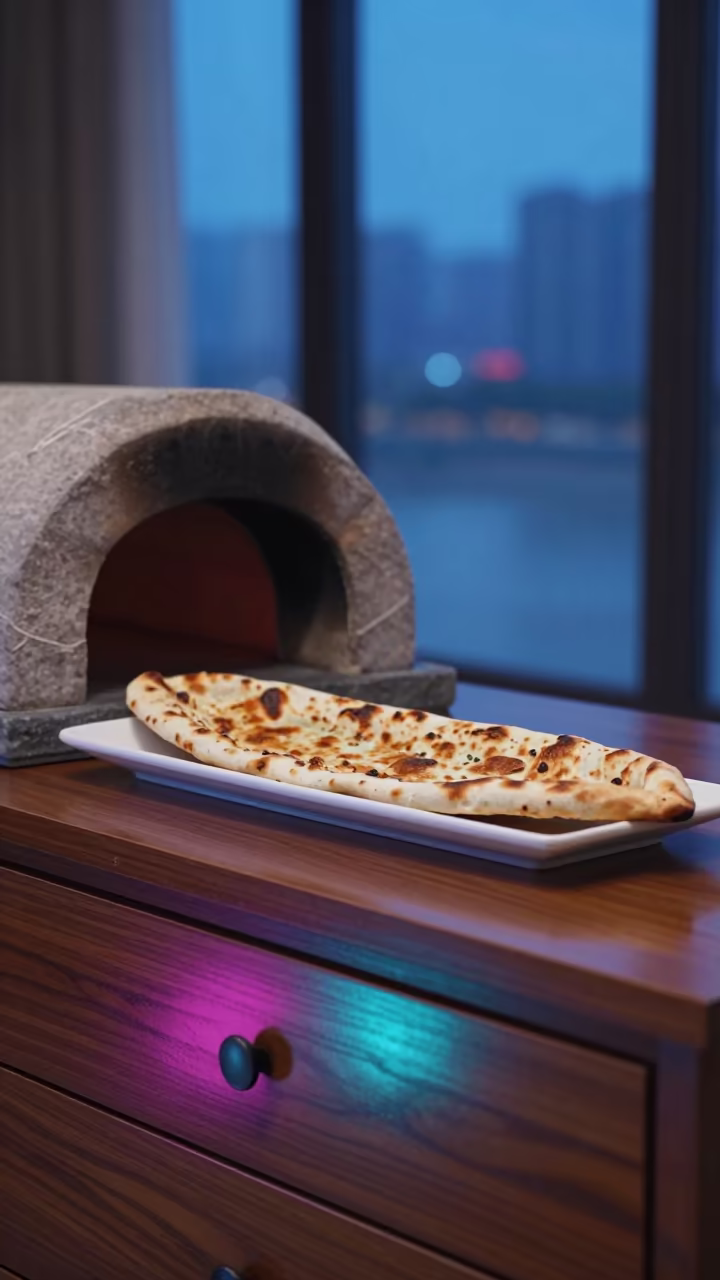 Turkish Pide Fresh from Stone Oven in Chongqing Hotel in on a hotel dresser near Chongqing