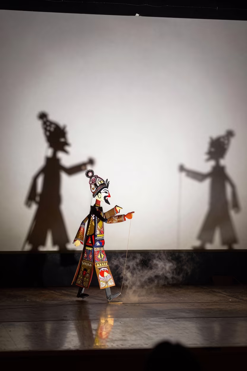 Turkish Shadow Puppet Karagoz Performance in Liège in on a dimly lit stage in Liège
