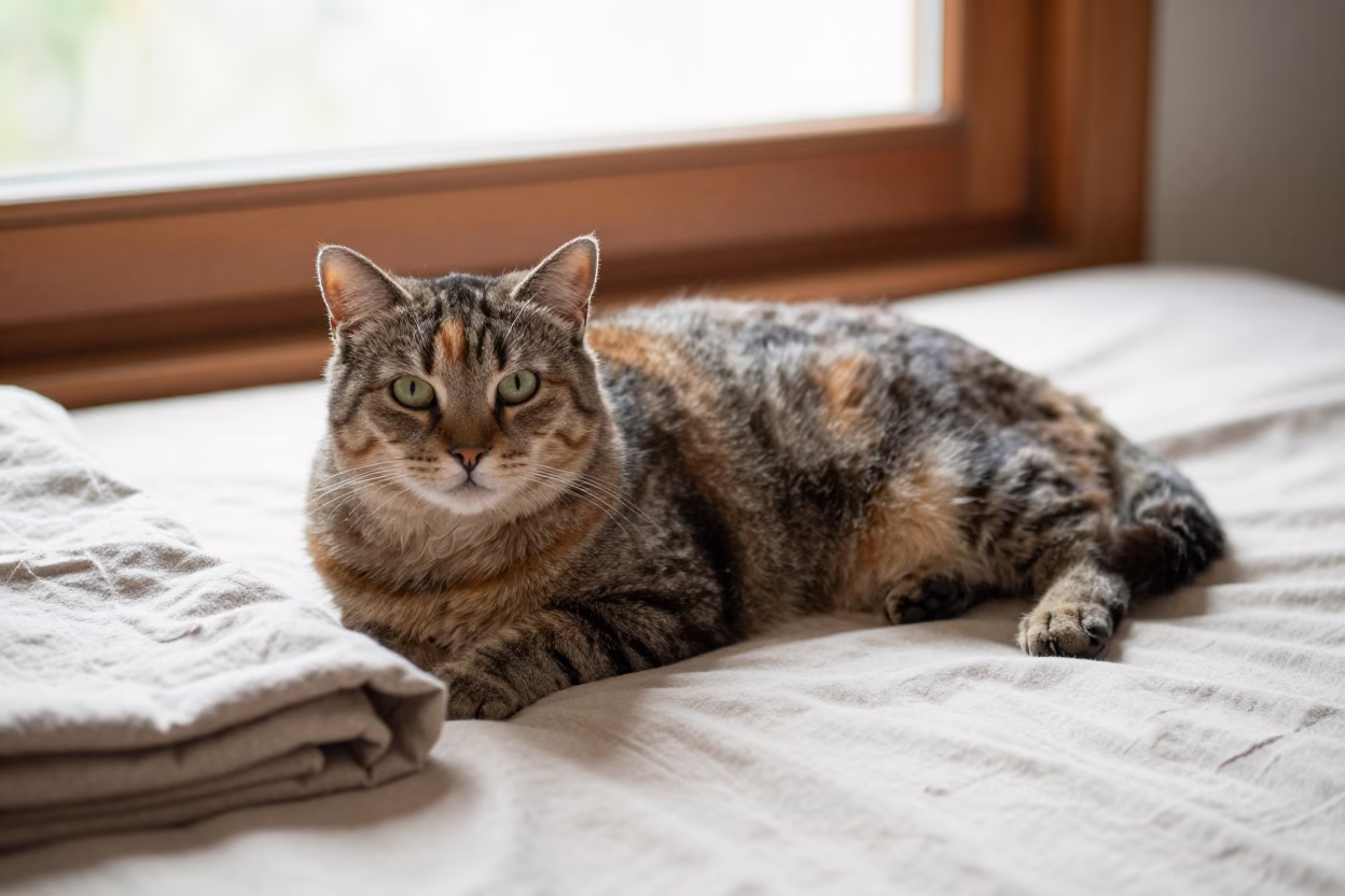 Turkish Van Cat Lounging on Bedspread Near Window in on a bedspread near a bright window with calm indoor light in Alexandria