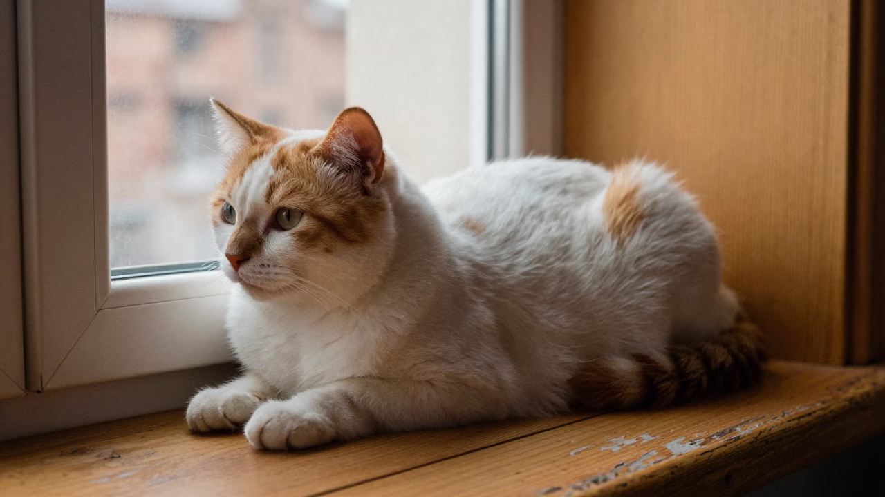 Turkish Van Cat Lounging on Moscow Window Seat in on a window seat in a quiet apartment with soft side light near Zamoskvorechye, Moscow