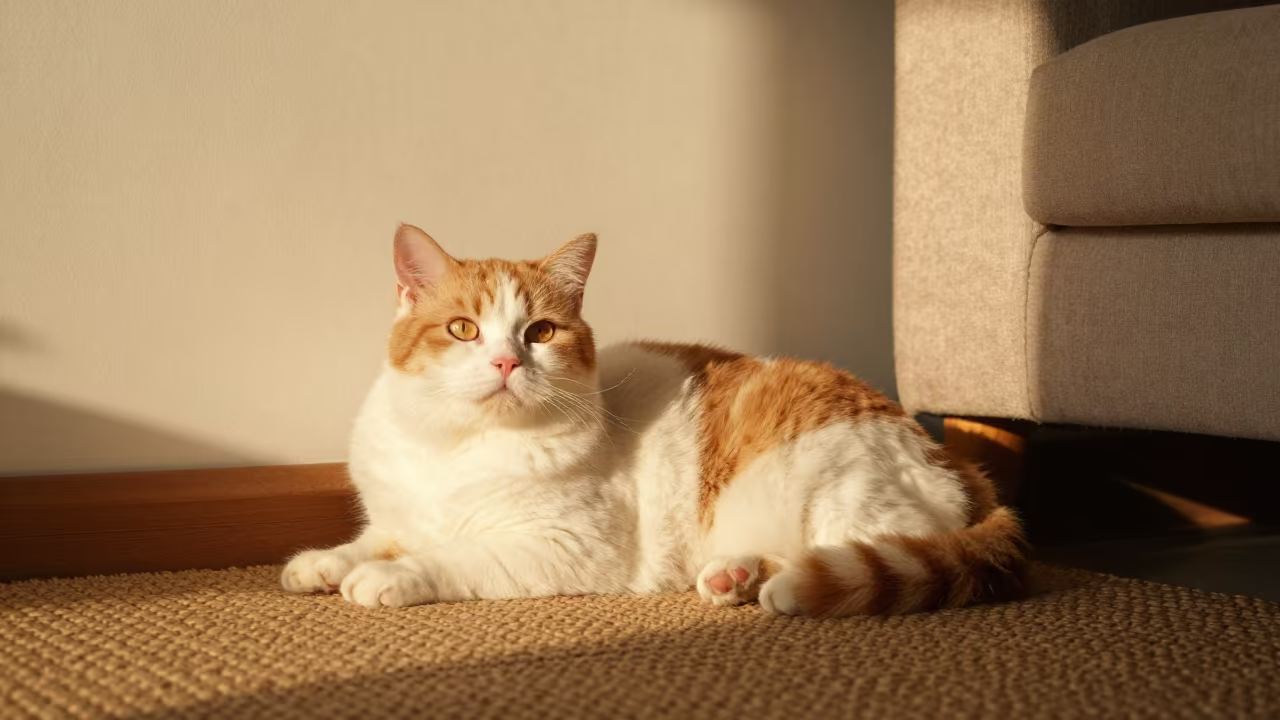 Turkish Van Cat Lounging on Rug at Sunset in on a woven rug beside a low couch and an uncluttered wall in Jinan