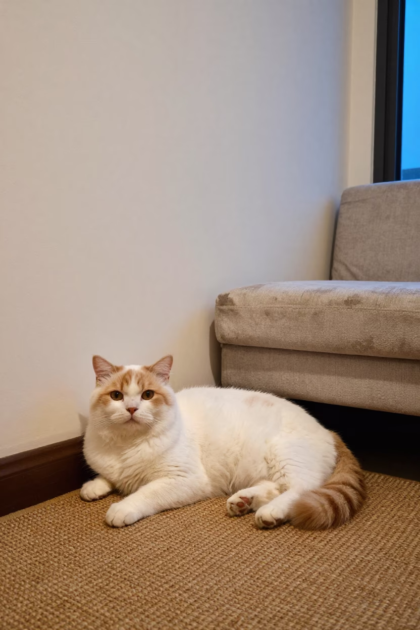 Turkish Van Cat Lounging on Woven Rug in Chengdu in on a woven rug beside a low couch and an uncluttered wall in Chunxi Road, Chengdu