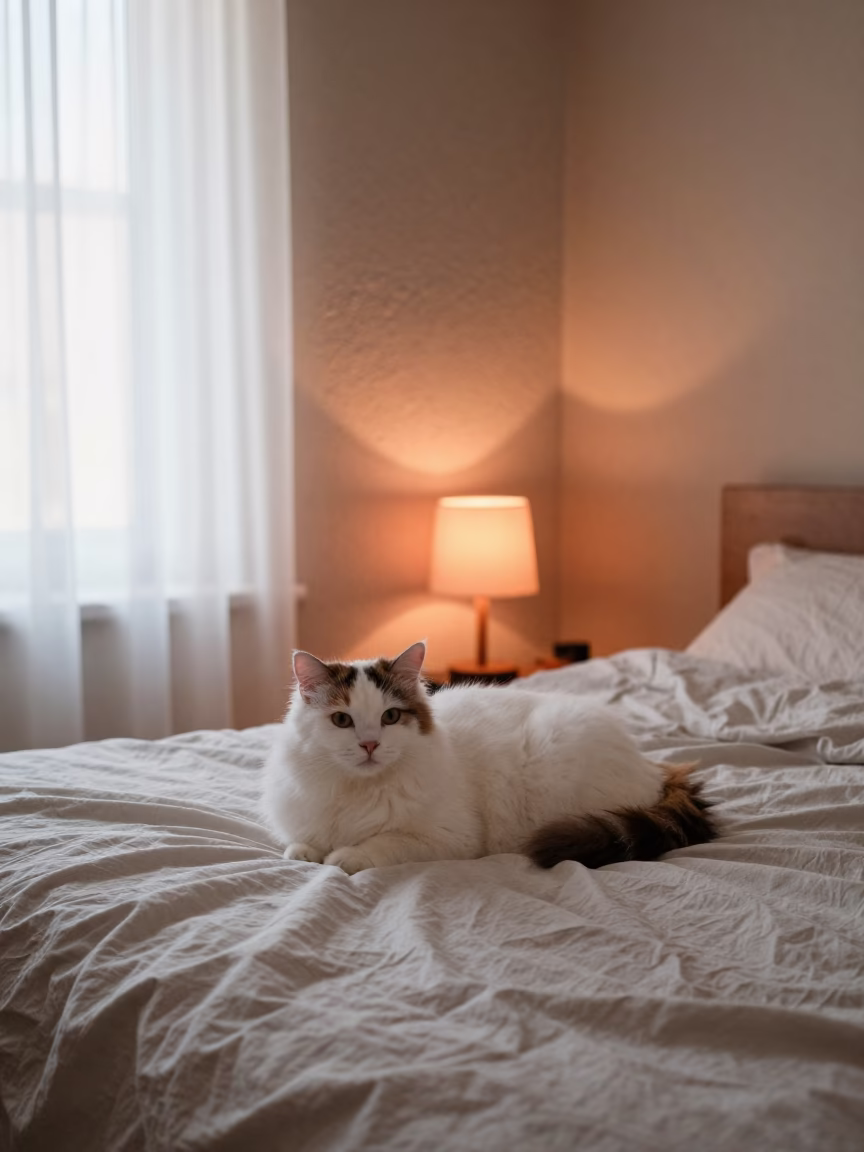 Turkish Van Cat on Bedspread Near Window in on a bedspread near a bright window with calm indoor light near Badajoz
