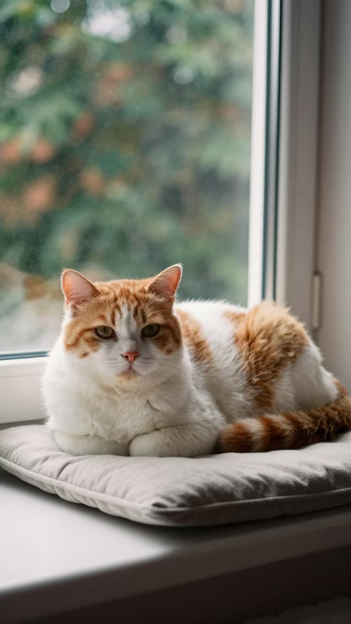 Turkish Van Cat on Window Seat in Yalova in on a cushioned window seat with soft side light and an uncluttered background in Yalova