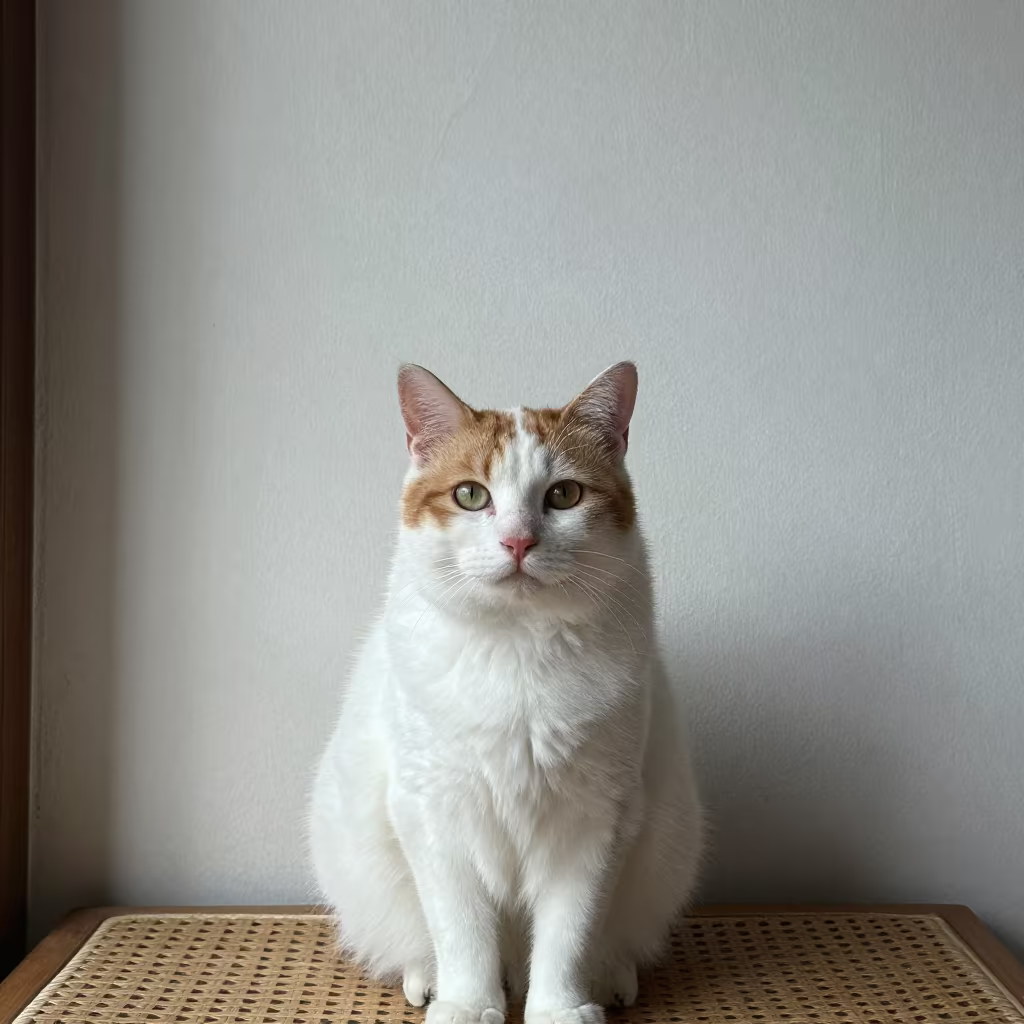 Turkish Van Cat Portrait in Bangkok Room in beside a plain plaster wall in soft indoor light with the animal centered in frame in Rattanakosin, Bangkok