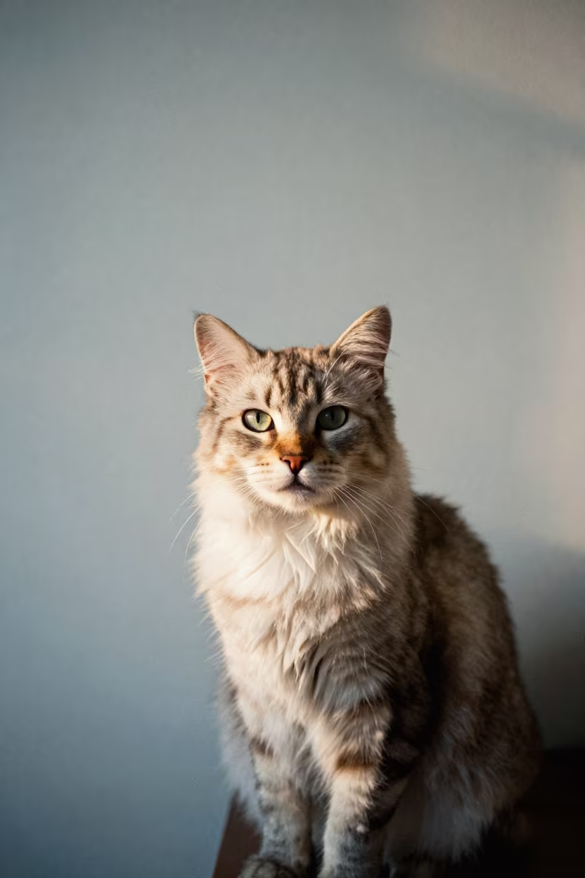 Turkish Van Cat Portrait in Jakarta in beside a plain plaster wall in soft indoor light with the animal centered in frame near Glodok, Jakarta