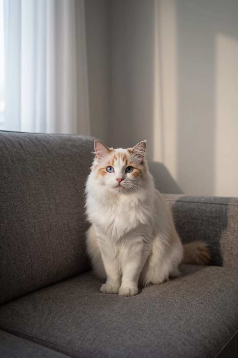 Turkish Van Cat Portrait on Sofa in on a sofa near a curtained window with calm indoor light near Yaounde