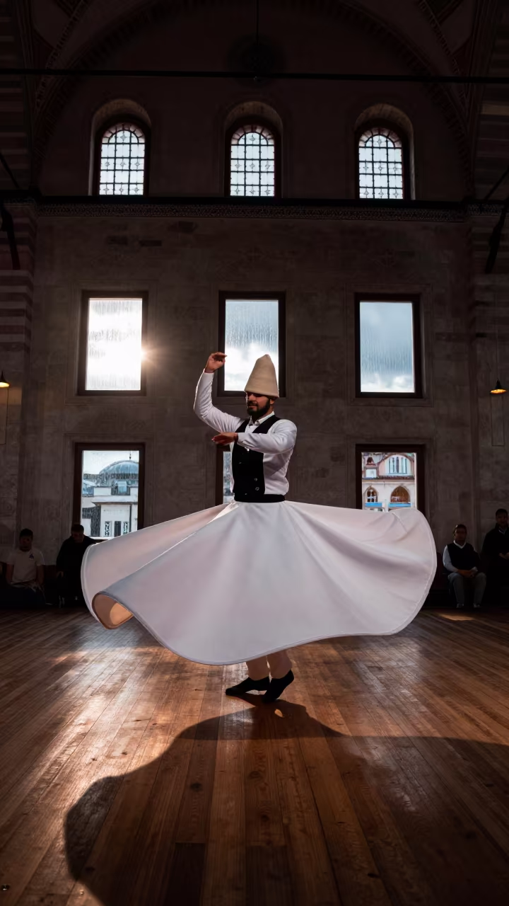 Turkish Whirling Dervish in Copper Light in in a prayer hall in Beyoglu, Istanbul