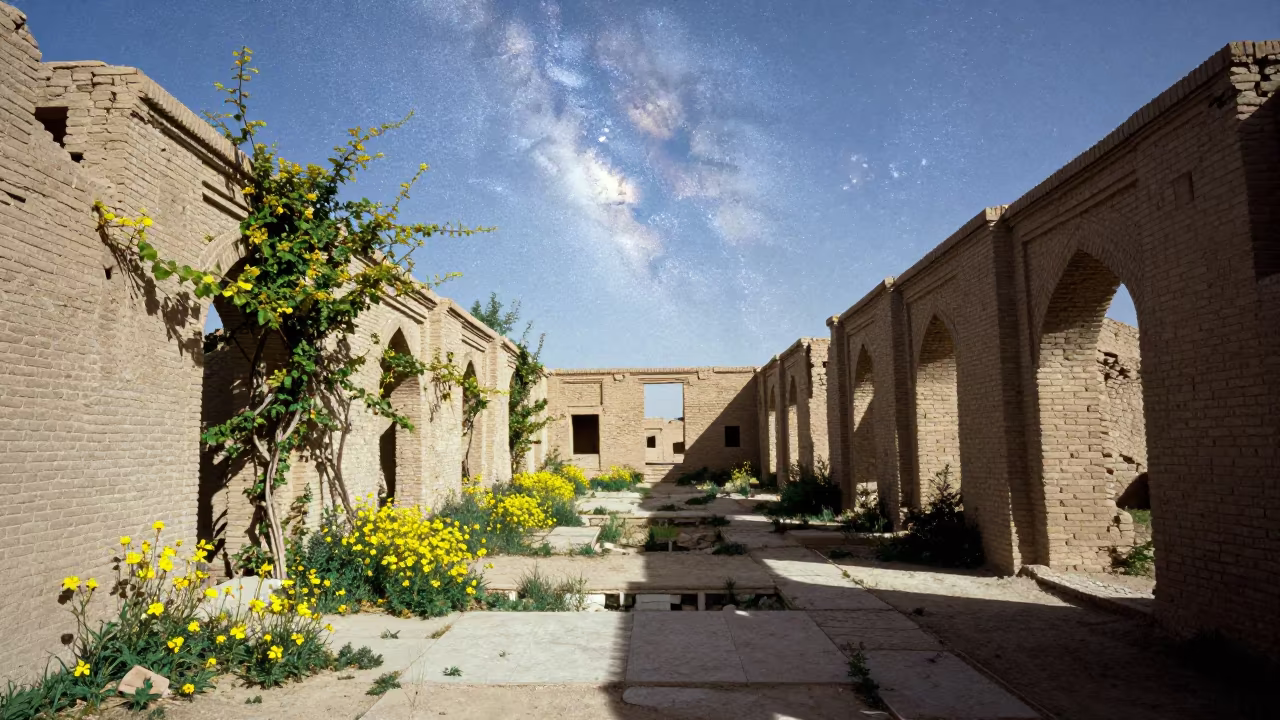 Turkmenistan Bastion Reclaimed by Nature and Milky Way in along a vine-choked corridor in Turkmenistan