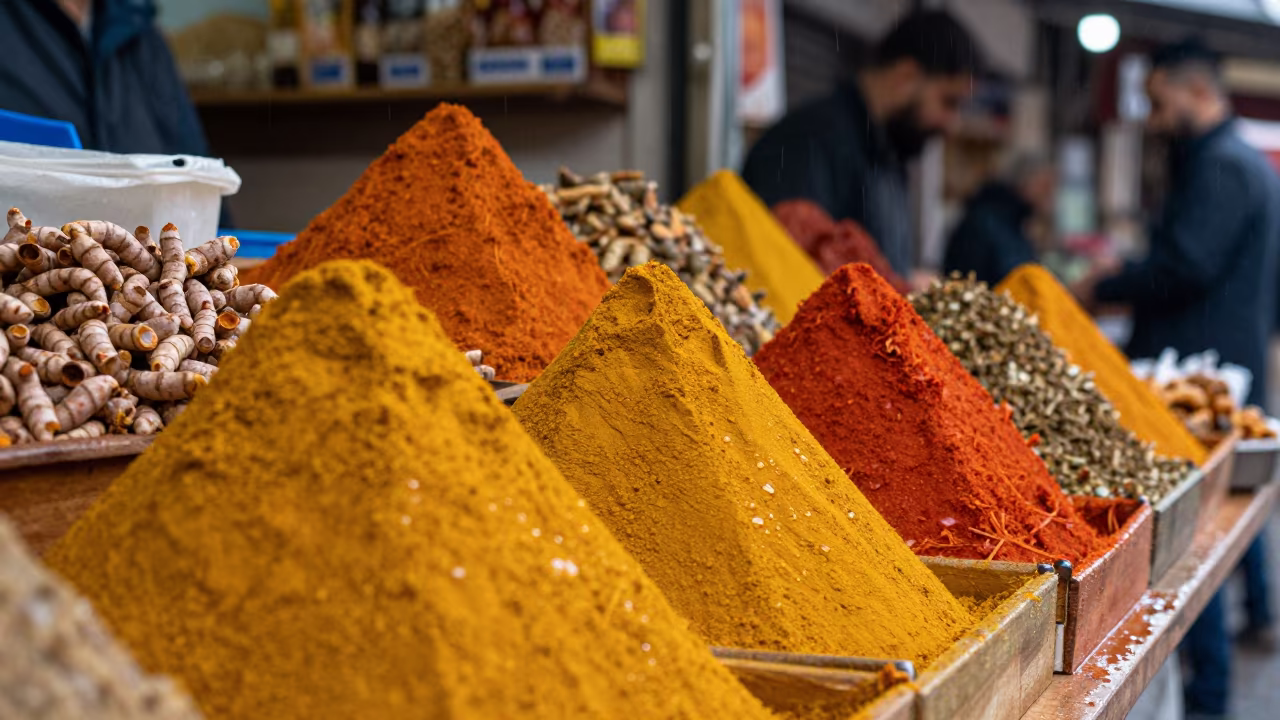 Turmeric and Paprika Pyramids in Ashgabat Market in in a flea market lane in Ashgabat