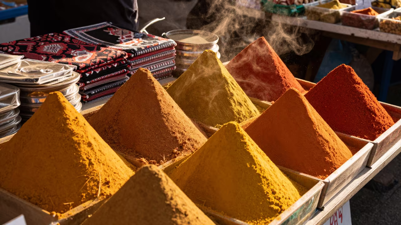 Turmeric and Paprika Pyramids at Leicester Market in at a textile trader's stall in Leicester