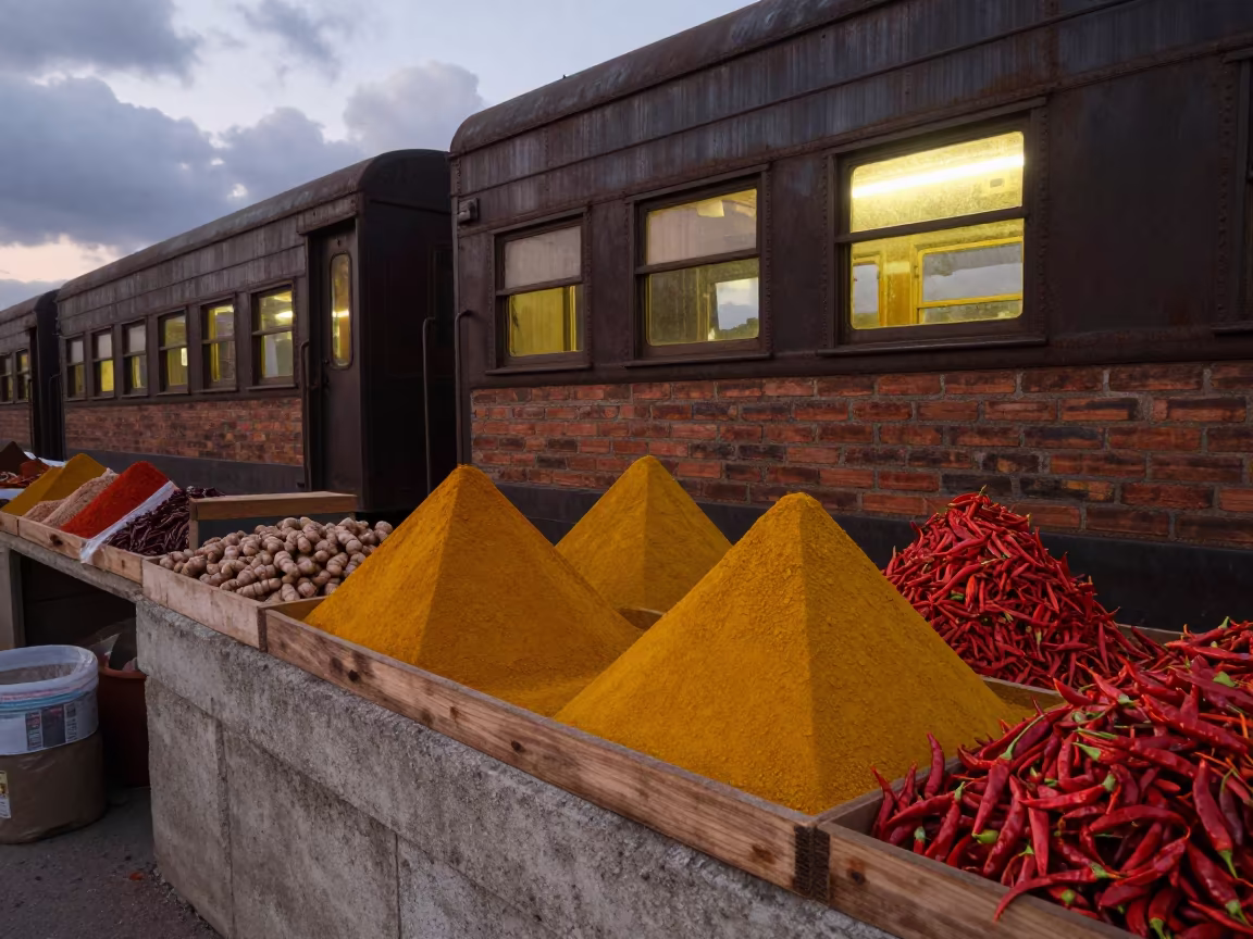 Turmeric Pyramids and Train Car in Torreón in at a market stall in Torreón