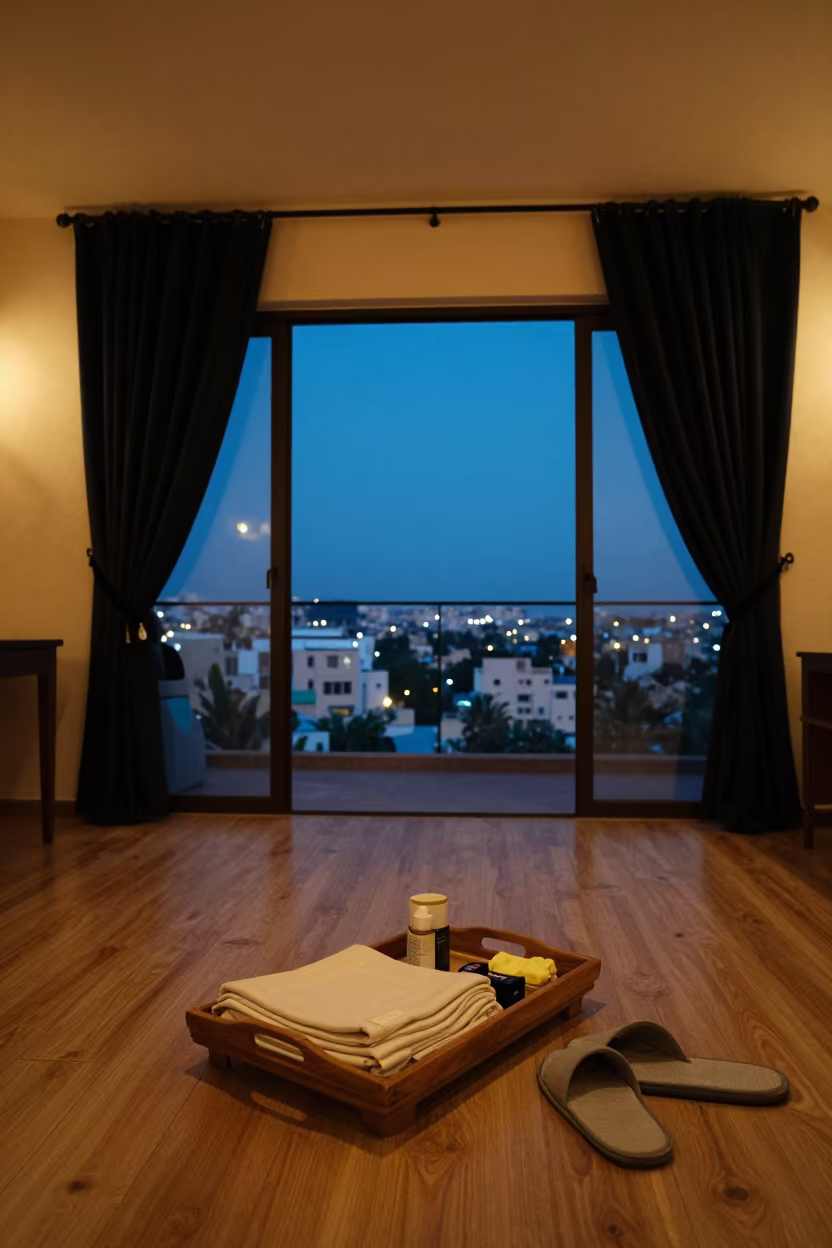 Turndown Service Guest Suite Blue Hour Salamiyah in in a quiet guest corridor in Salamiyah