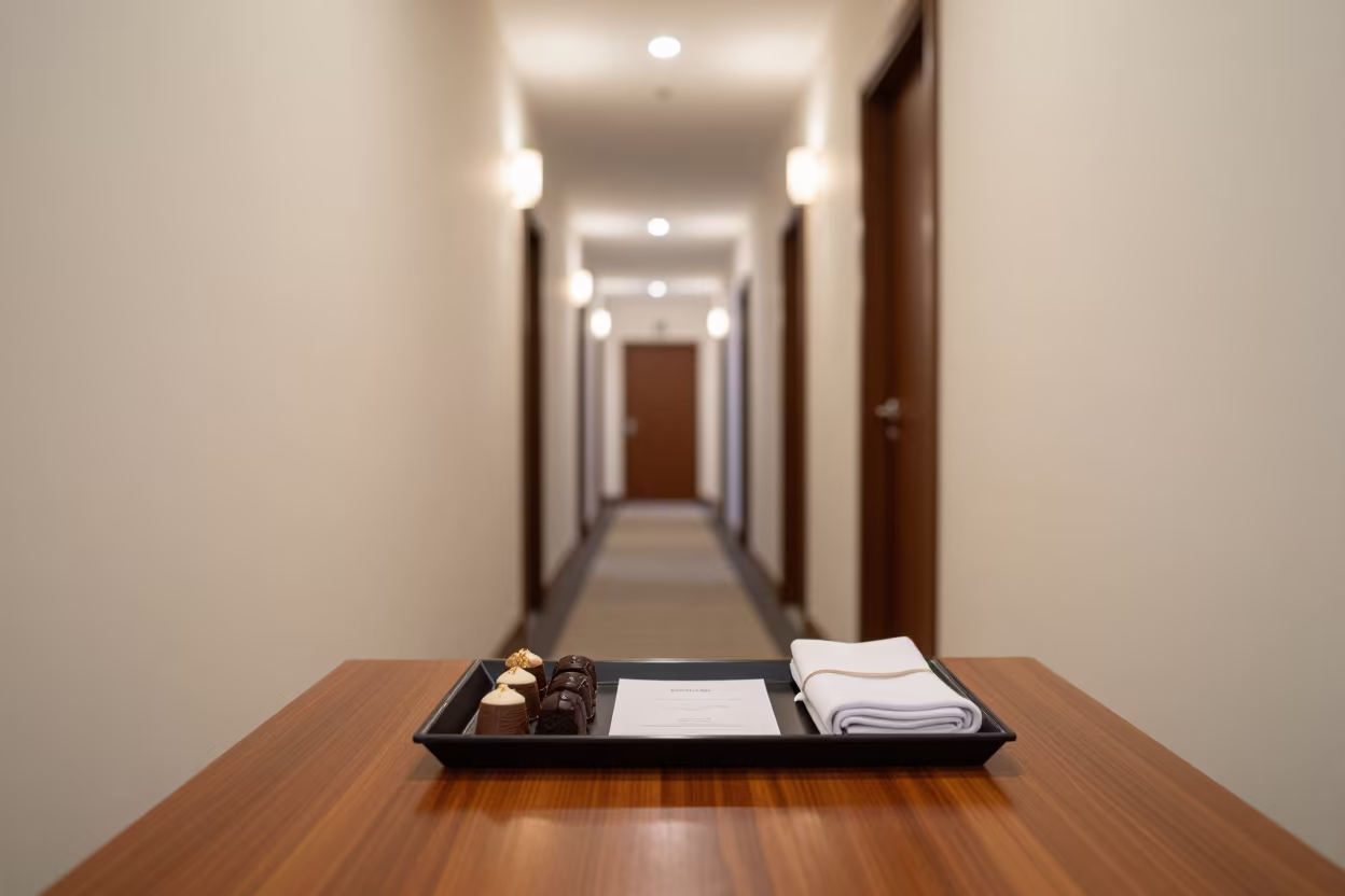 Turndown Tray Chocolate and Stationery in Haikou Corridor in in a quiet guest corridor near Haikou