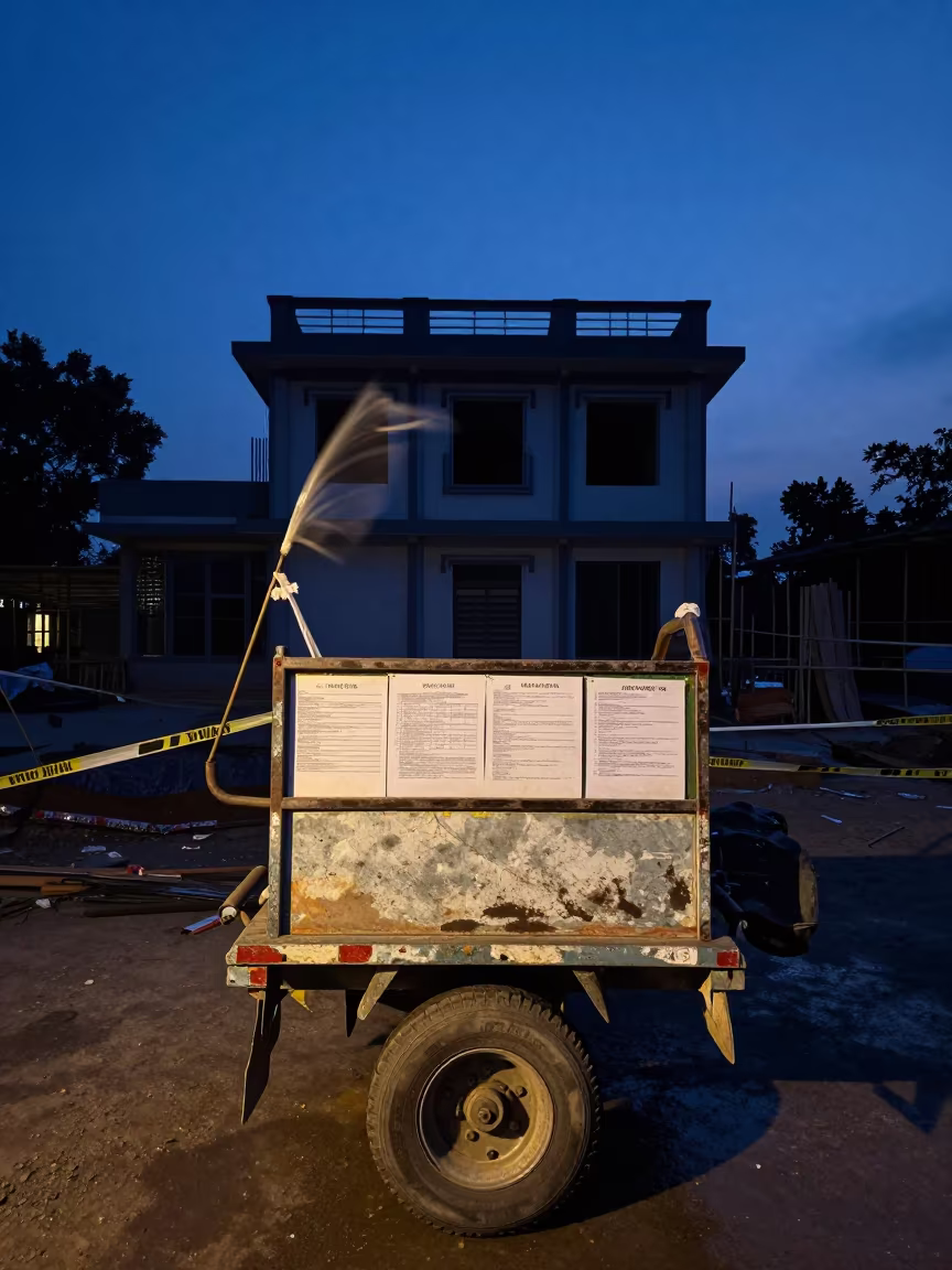 Turnover Binder Cart at Twilight Construction Site in beside a framed building shell in West Bengal