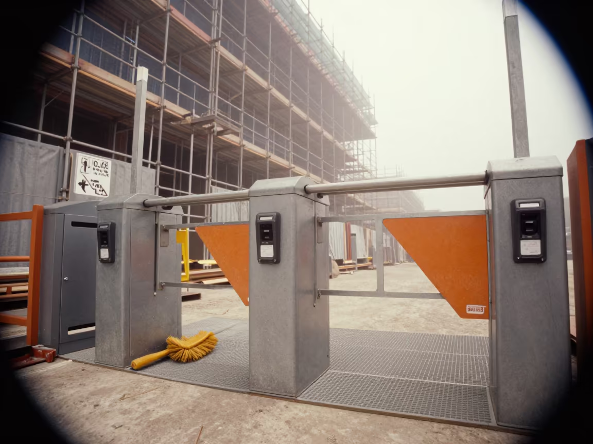 Turnstile Gate and Brushes at Scaffolded Construction Site in along a scaffolded facade in United States