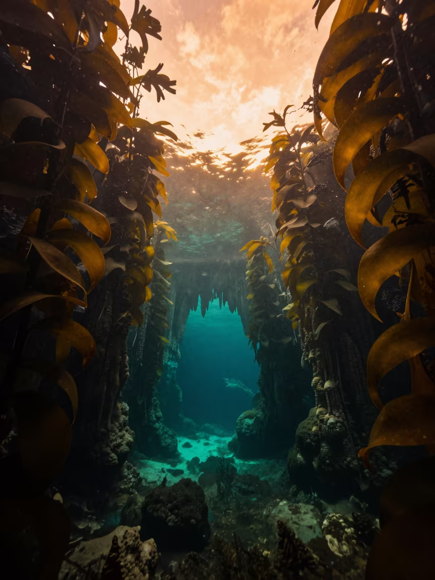 Turquoise Cenote Light Through Kelp Forest in through a forest of kelp fronds in Portugal
