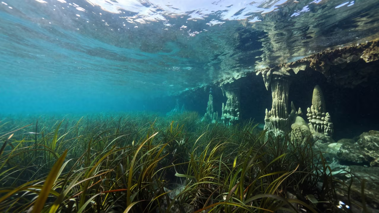 Turquoise Cenote Stalactites Japan Late Summer in above a seagrass meadow in Japan
