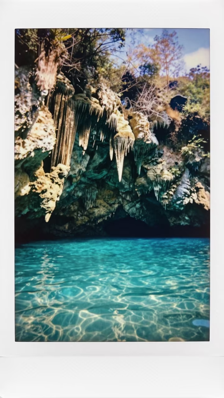 Turquoise Cenote Stalactites Low Angle View in in Florida