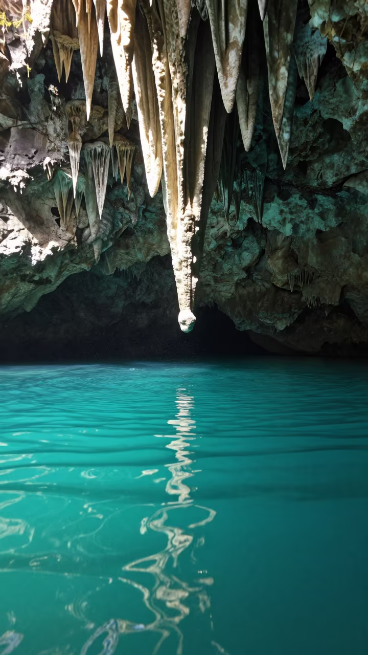 Turquoise Cenote Stalactites Naples Afternoon Light in beside a volcanic drop-off near Spaccanapoli, Naples