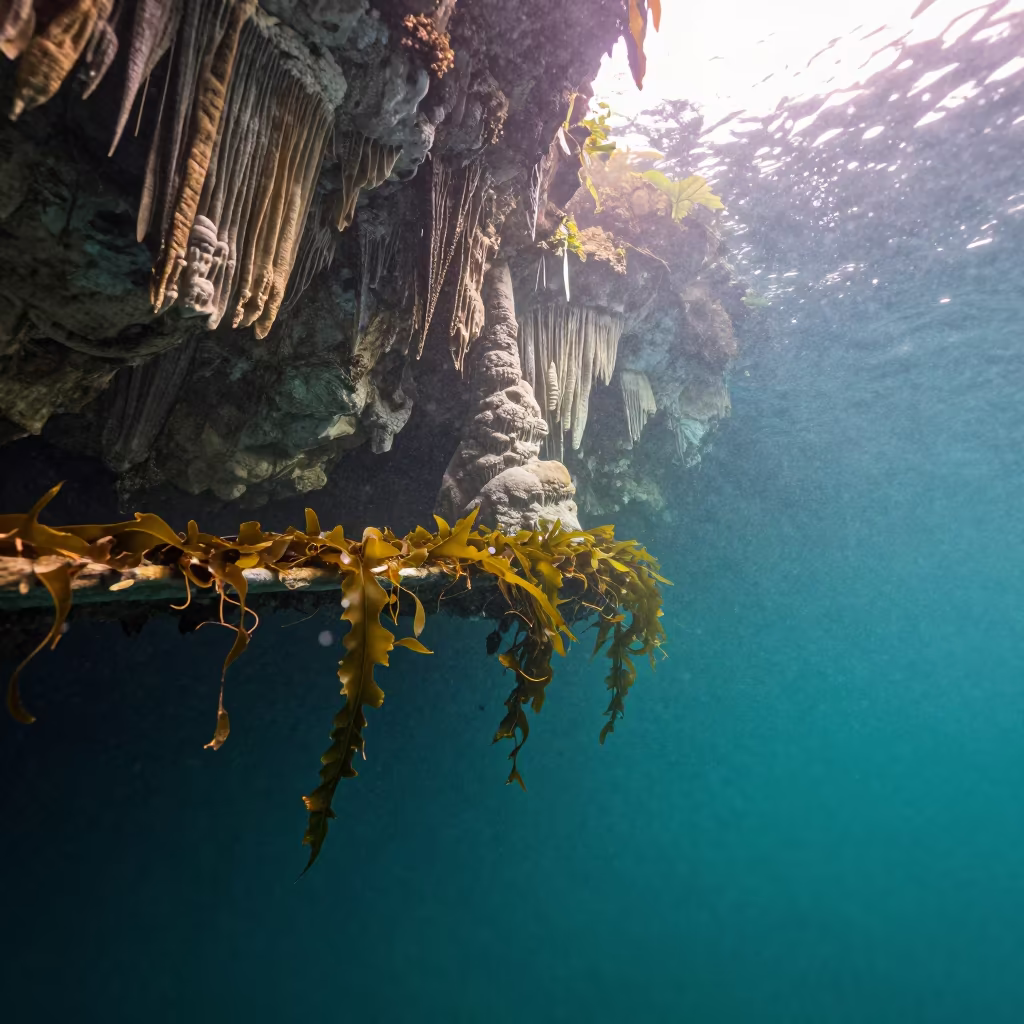 Turquoise Cenote Light with Stalactites Underwater in along a kelp-fringed shelf near Havana
