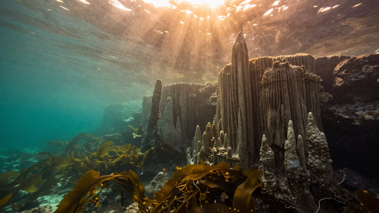 Turquoise Cenote Stalactites Winter Evening in along a kelp-fringed shelf near Bo-Kaap, Cape Town