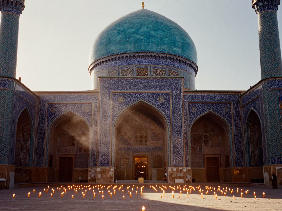 Turquoise Dome Mosque Interior Candlelit Dawn in inside a candlelit nave in Isfahan