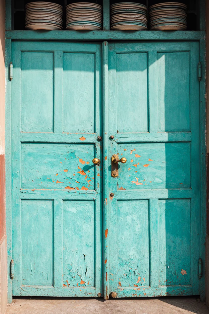 Turquoise Gate And Stacked Plates in Delhi in in Delhi, India
