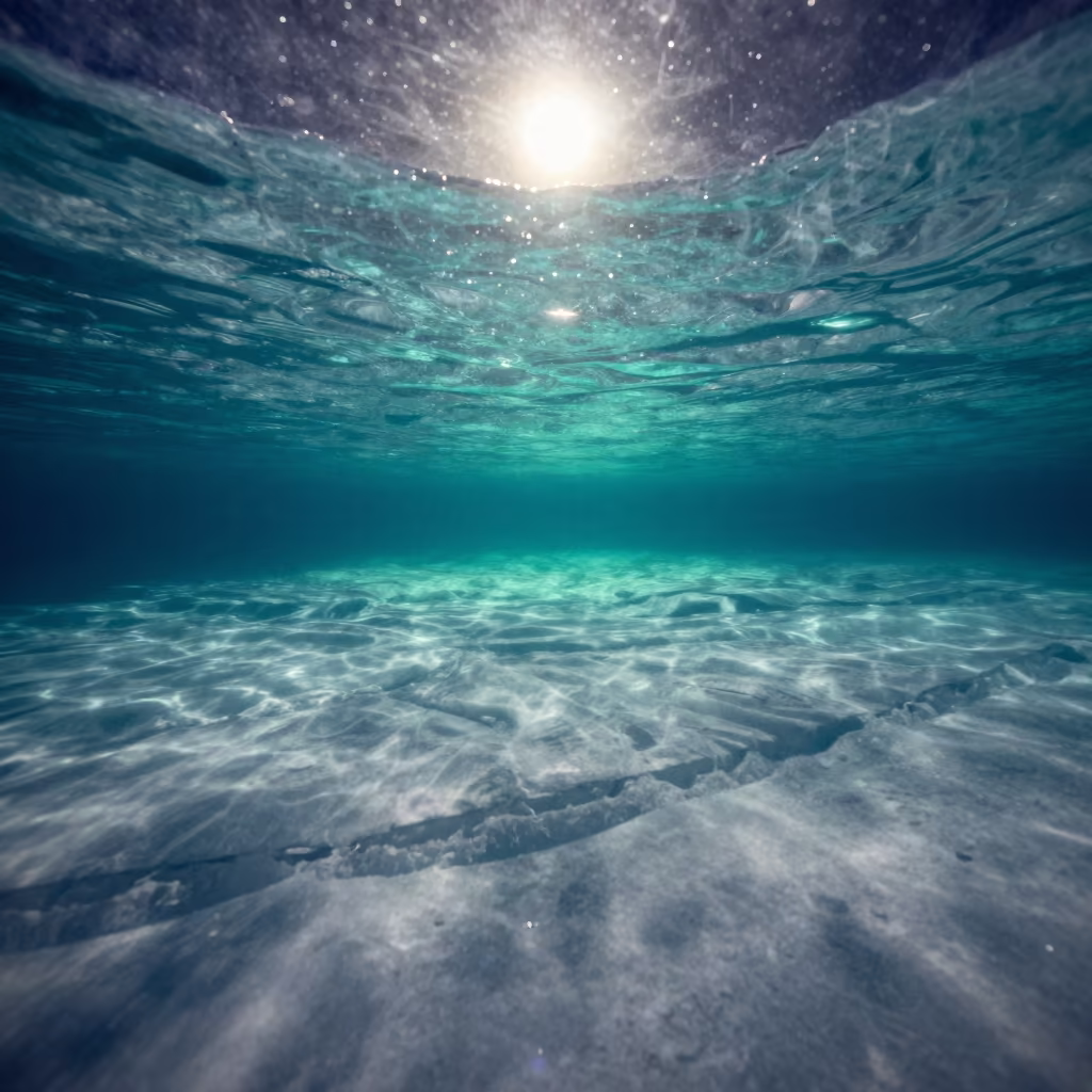 Turquoise Glacial Ice Wall Underwater Night in beneath a pressure-ridged sheet of sea ice near Whitehorse