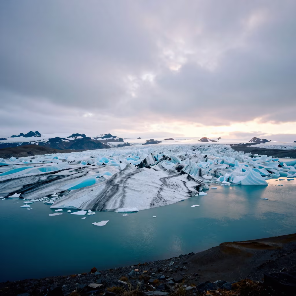 Turquoise Glacial Lake Ice Chunks Sunset Sapporo in across a floodplain after rain near Sapporo