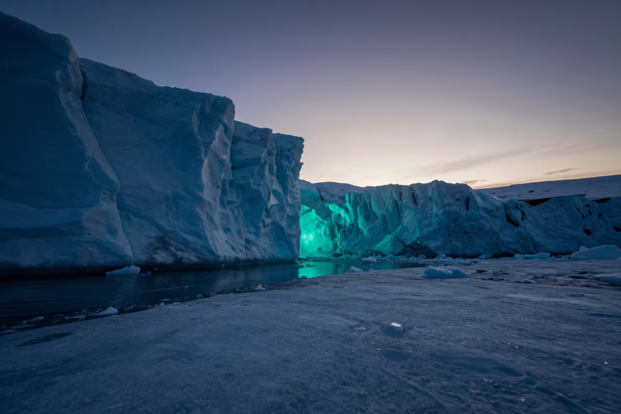 Turquoise Glacial Wall Under Arctic Summer Water in through dark polar water below fractured ice near Sapporo