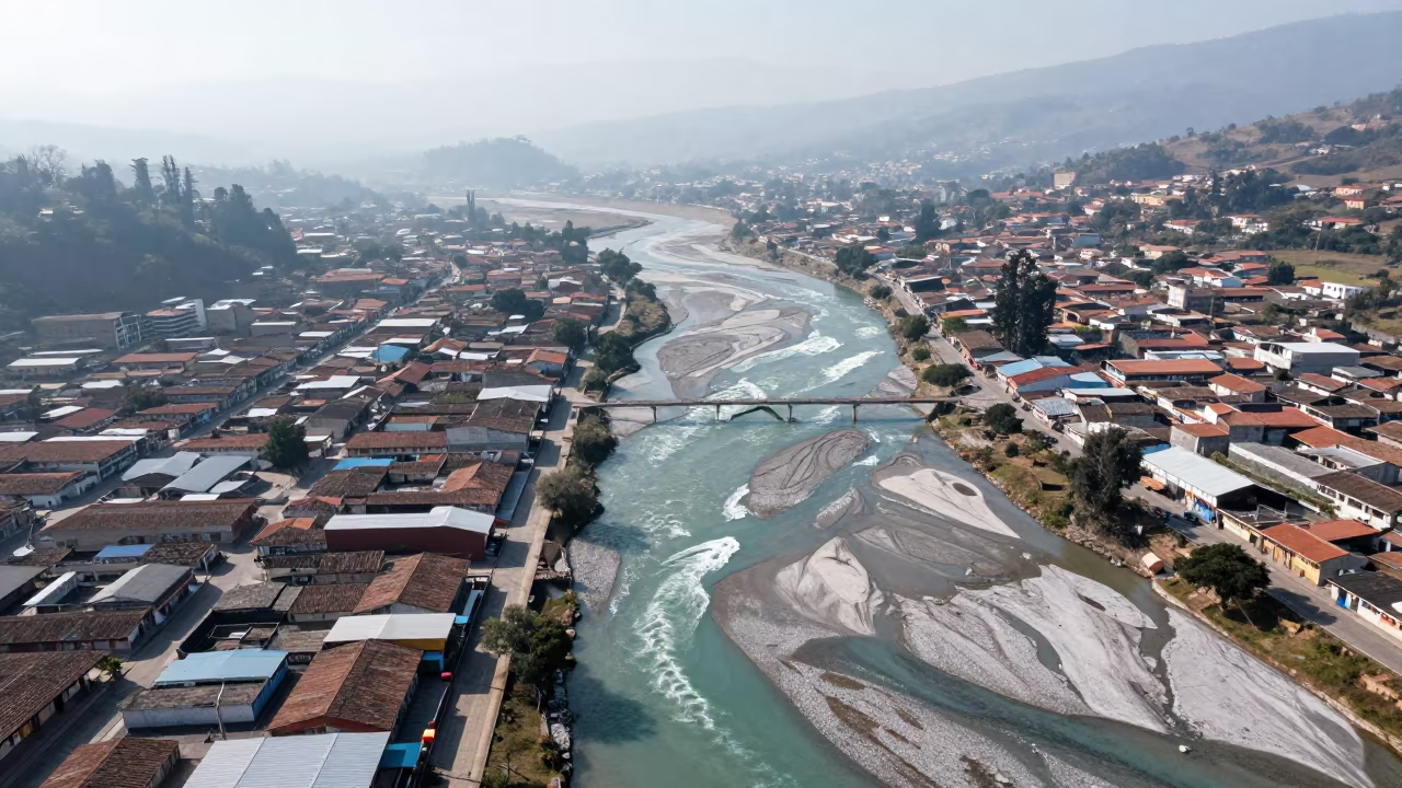 Turquoise and Gray Glacial River Split Over Ibagué Rooftops in high above patterned rooftops near Ibagué