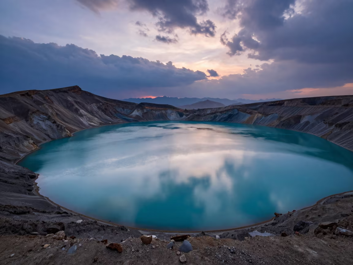 Turquoise Lake in Volcanic Caldera Twilight in along a wave-cut shoreline in Himachal Pradesh