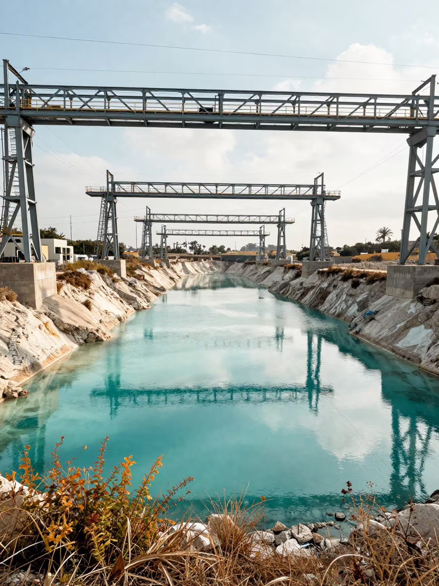 Turquoise Mine Tailings Pond Cyprus in under gantries and utility towers in Cyprus