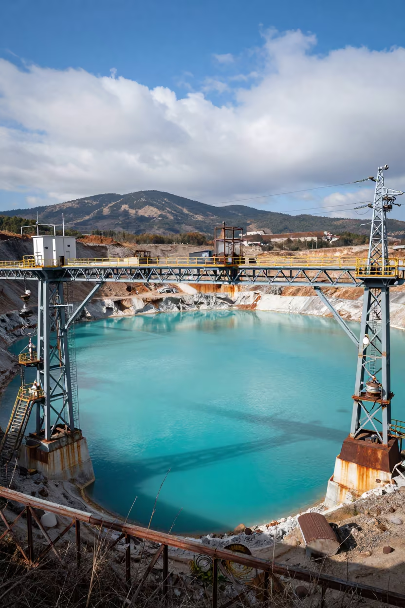 Turquoise Mine Tailings Pond Dalmatian Coast in under gantries and utility towers in the Dalmatian Coast
