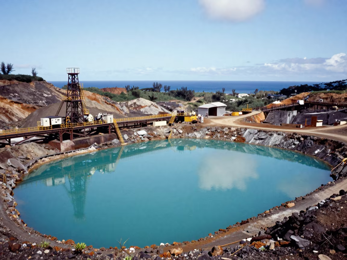 Turquoise Mine Tailings Pond Reflecting Steel in beside exposed structural steel in Hawaii