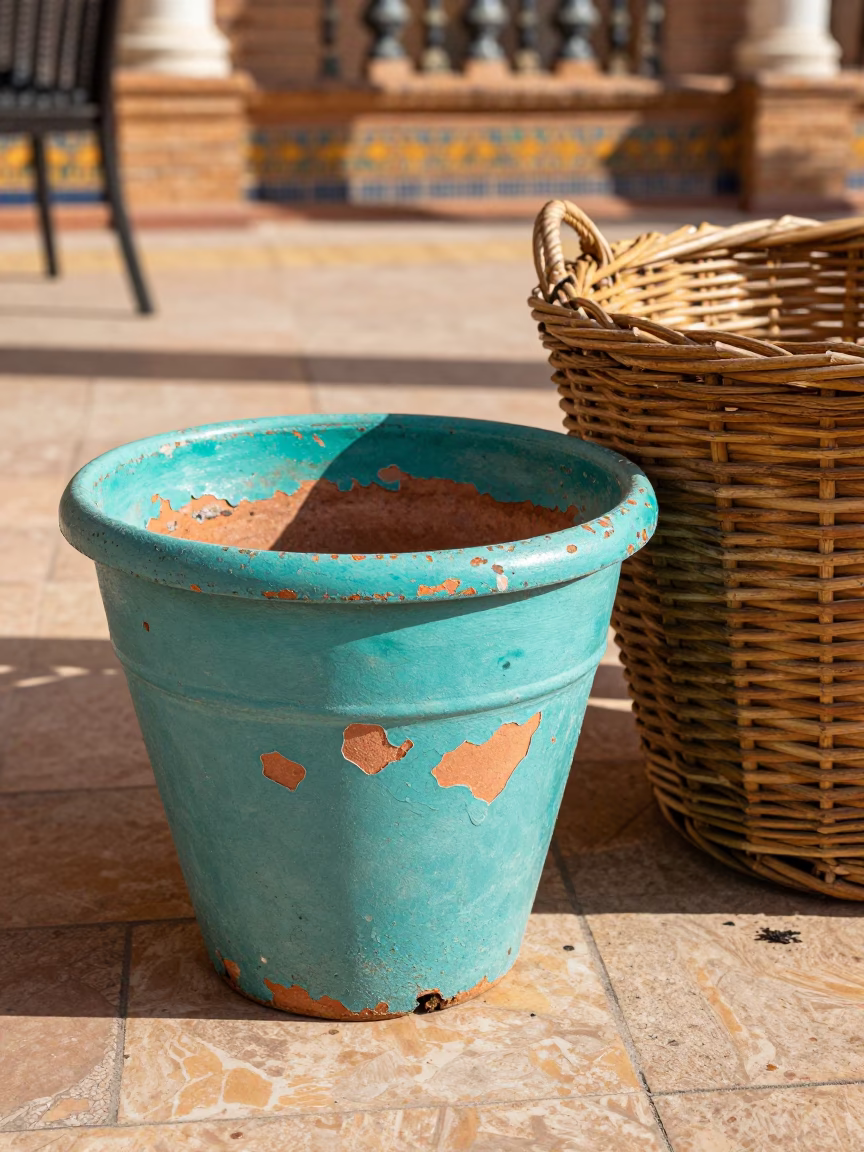 Turquoise Planter And Wicker Basket in Seville in in Seville, Spain