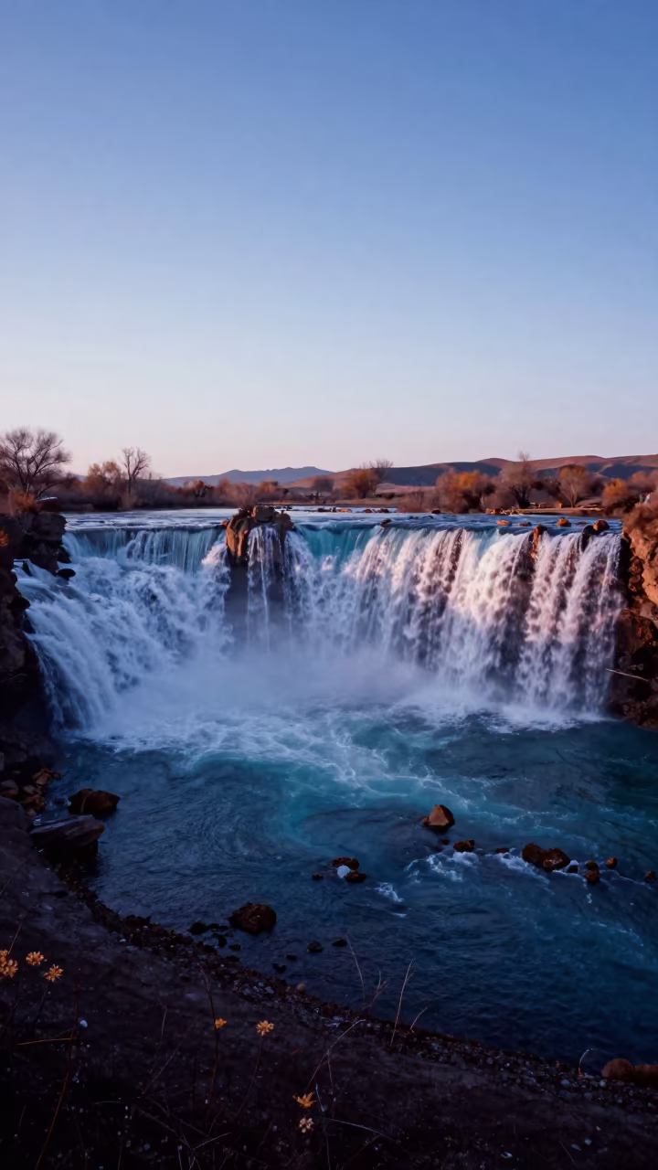 Turquoise Pool Waterfall Blue Hour Near Norbulingka in along a wave-cut shoreline near Norbulingka, Lhasa